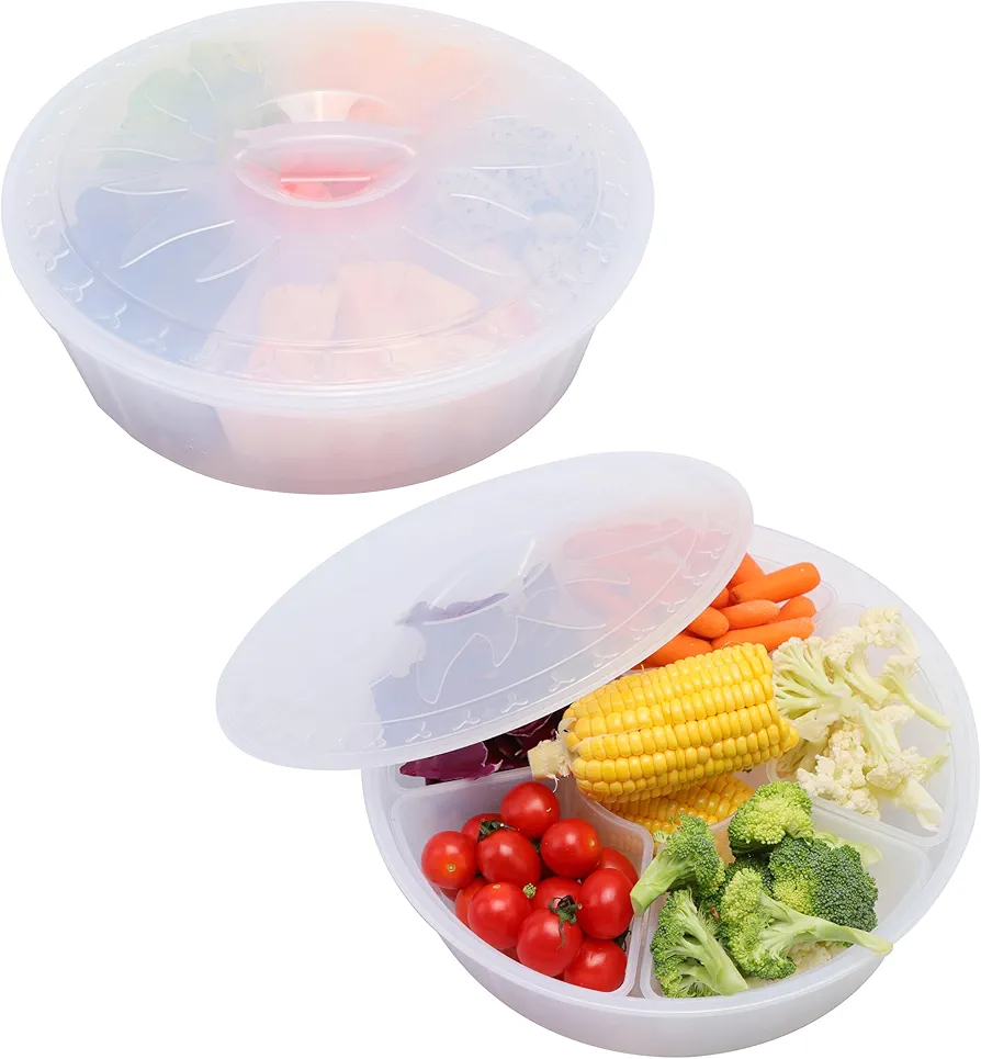 2 Pcs Round Veggie Tray with Lid, 12 Inch Extra Large Divided Serving Tray with Detachable Room, Relish Trays, BPA-Free Serving Platter for Veggie, Appetizers, Dessert, Snacks, Dishwasher Safe