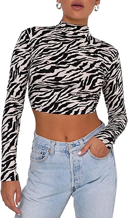 Remidoo Women's Sexy Backless Mock Neck Long Sleeve Crop Top T-Shirt