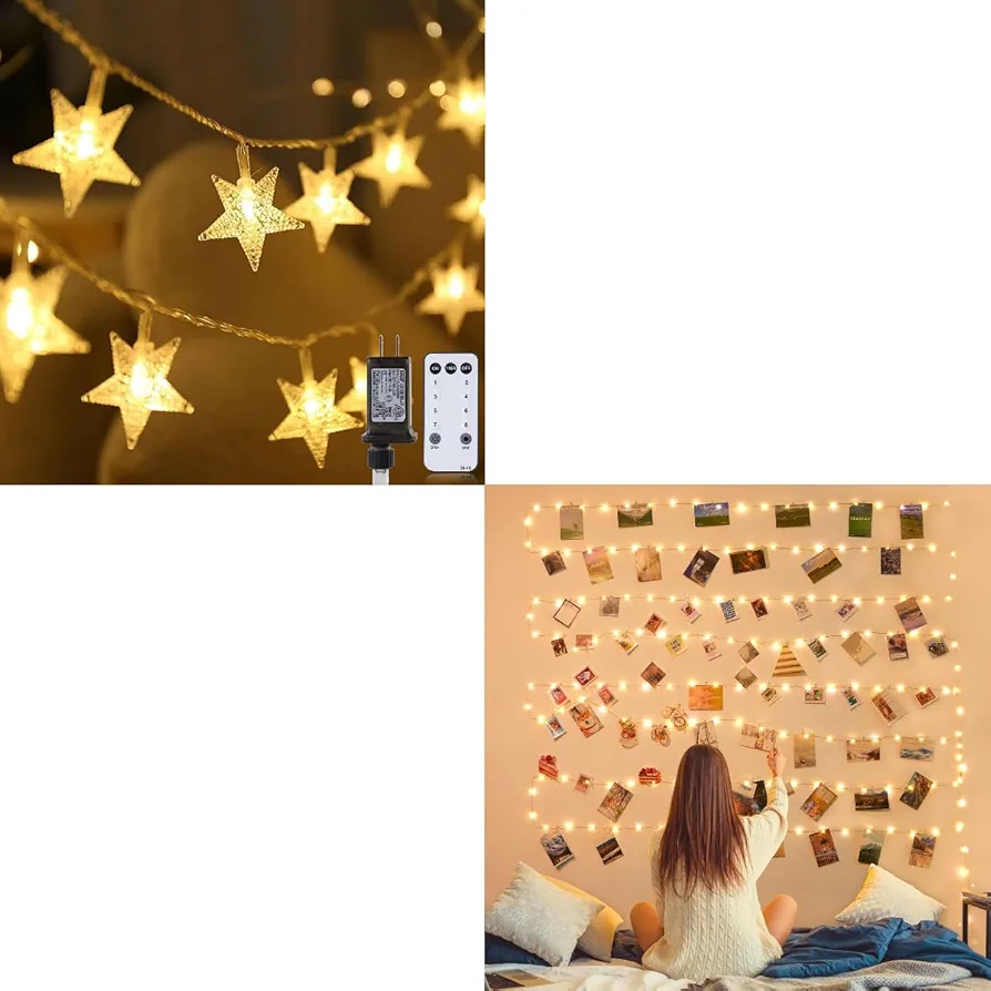 Minetom Star String Lights and Fairy Lights with Clips Combo - 33 ft 100 LED Star Fairy String Lights with Remote and 33ft 100 LED Battery Operated String Lights with 60 Clips for Photo Hanging