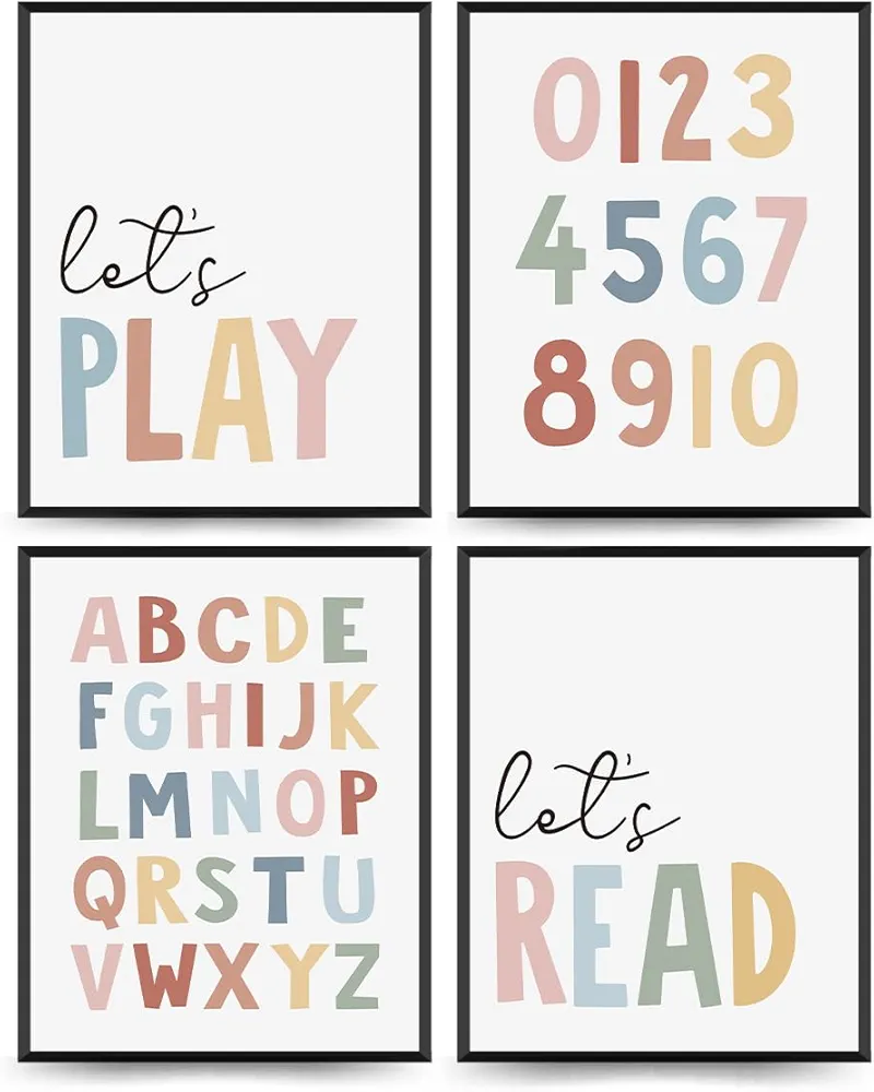 Let's Play Read Wall Art Set of 4，Educational Posters, Montessori Classroom Decor, Neutral Kids Decor,Alphabets Number Prints for Nursery Classroom Kids Room Toddler Playroom,8x10 Inch(Unframed)