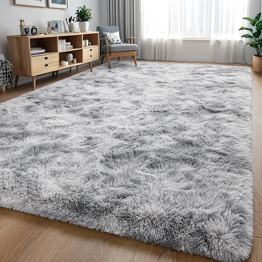 Soft Shag Area Rugs for Living Room Bedroom, 5x8 ft Tie-Dye Light Grey Indoor Modern Carpets, Thickened Rugs Fluffy Fuzzy Plush Rug for Kids Room Nursery Home Decor, Anti Slip, High Pile