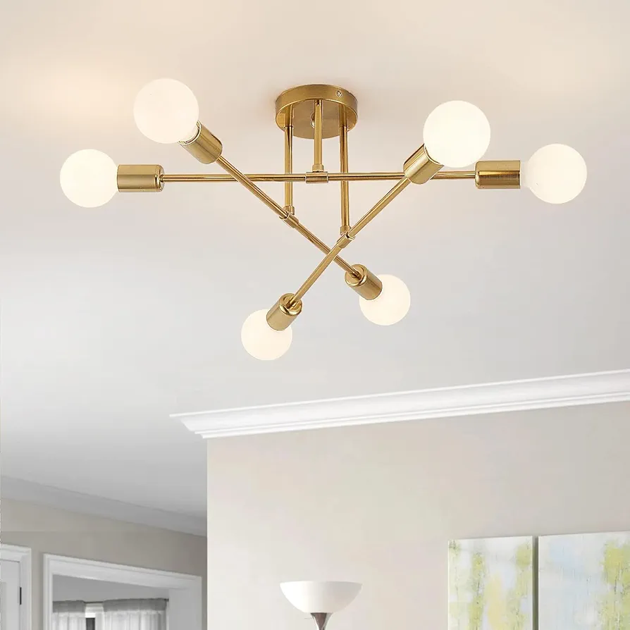 Modern Sputnik Chandelier Ceiling Light Fixture, 6-Light Chandelier Light Fixture with E26 Base, Semi Flush Mount Ceiling Light Fixture for Bedroom, Dining Room, Living Room, Kitchen (Gold)