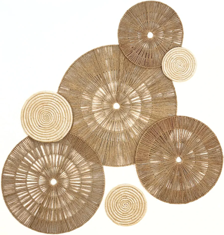 SKATAZEE Boho Wall Decor Art, Woven Wicker Design, Set of 7 Circular Discs, Coastal and Modern Farmhouse Style, Seagrass Wall Decor, Brown and Beige, for Bedroom, Living Room, Dining Room, Office