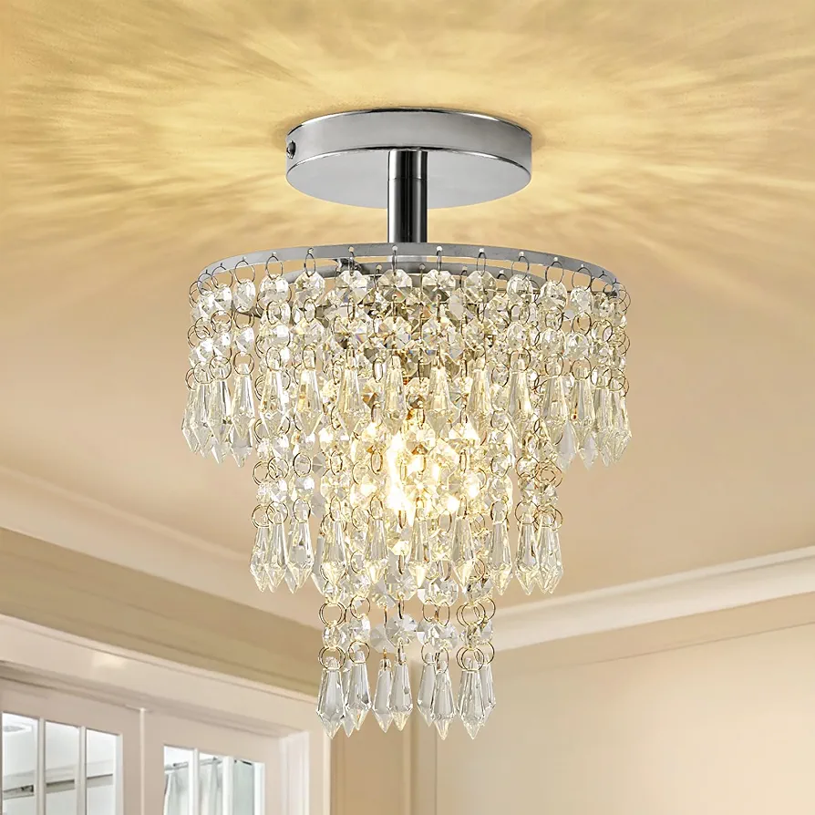 Small Crystal Chandelier, Flush Mount Ceiling Light with 3 Tiers Raindrops Crystal, E26 Base, Mini Chandelier, Ideal for Bedroom, Living Room, Hallway, Bar, Kitchen, Bathroom. D7.9 x H11 (Chrome)