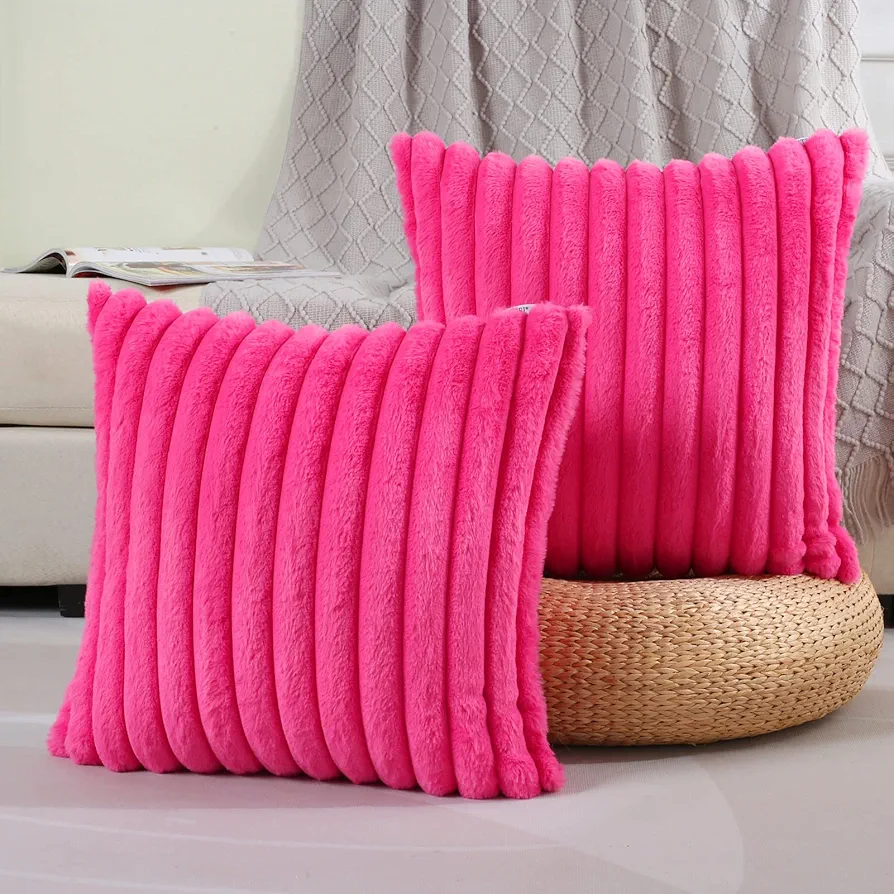 Hot Pink Striped Decorative Throw Pillow Covers 18x18 Inch Set of 2,Square Spring Decorations Couch Pillow Case,Soft Cozy Faux Rabbit Fur & Velvet Back,Modern Home Decor for Bed