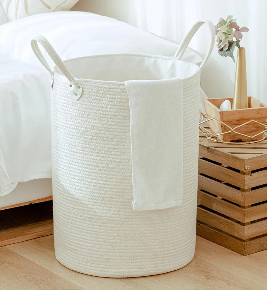 72L Large Woven Laundry Basket,Blanket Basket Tall Wicker Laundry Baskets for Clothes,Toys,Pillows,Towels,Shoes,Plant Storage Basket for Bedroom,Living Room,Bathroom,Nursery White