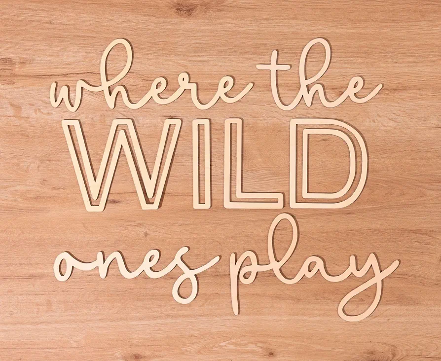 Playroom Wall Decor, 24" XL 3D Where The Wild Ones Play Nursery Sign Wooden Wall Art Decoration for Kids Toddler Room Decor Boys and Girls Home Bedroom Word Sign (Wood - Natual Color)