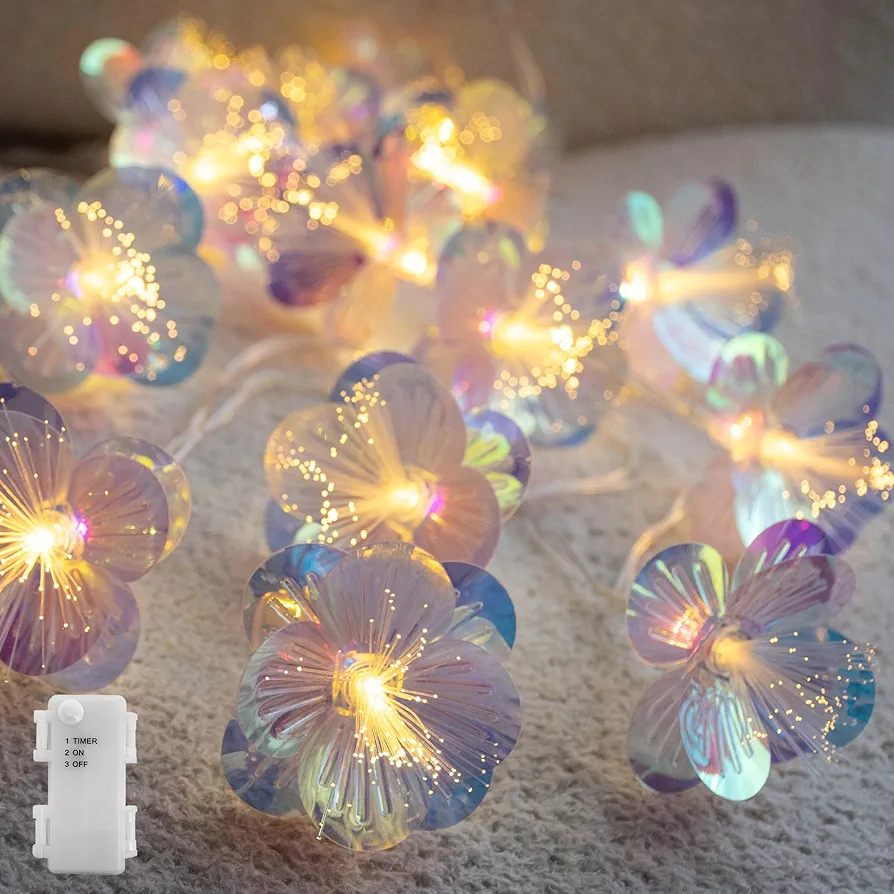 Fiber Optic Flower String Lights Battery Operated with Timer, 6.5ft 10 LED Flower Garland Lights Firework Fairy Lights for Room Table Wedding Christmas Easter Décor (Warm White)