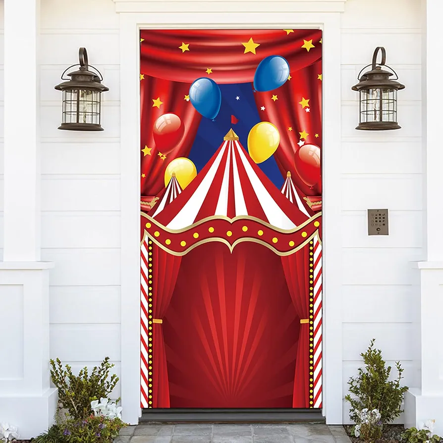 35.4 x 72.8 Inches Red Carnival Circus Theme Party Door Banner Colorful Balloon Star Stage Night Cartoon Children Room Activity Game Supplies Polyester