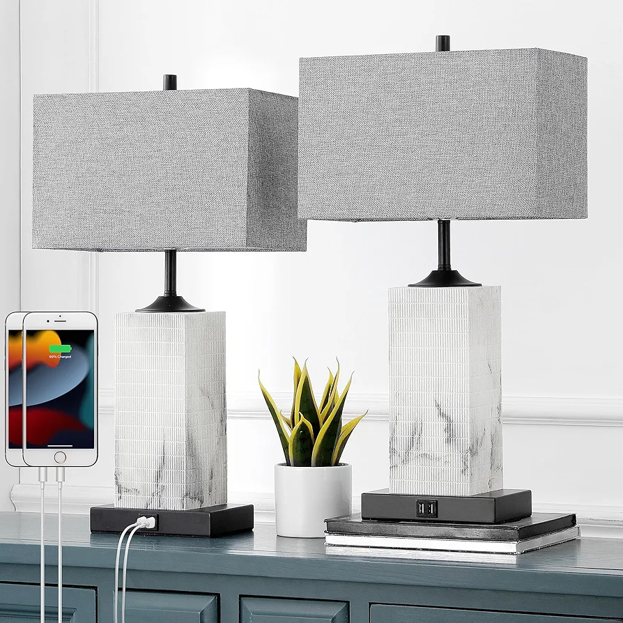 Table Lamps for Living Room Set of 2, Modern Bedside Lamps with 2 USB Ports for Bedroom Nightstand, Large End Table Lamps with Grey Fabric Shades for Office Dorm Hotel, Imitation Marble Finish