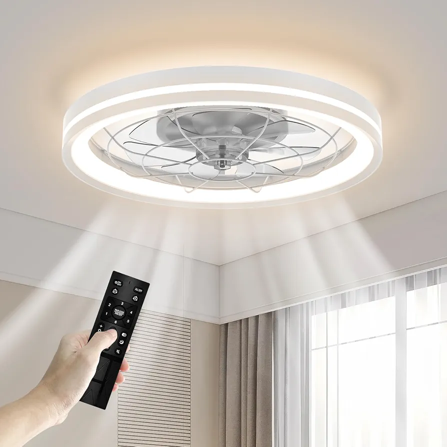 Low Profile Ceiling Fan with Light and Remote Bladeless Bedroom Ceiling Fan with Light, 20in Small Flush Mount Ceiling Fan Dimmable Modern Enclosed Ceiling Fans for Small Room - White