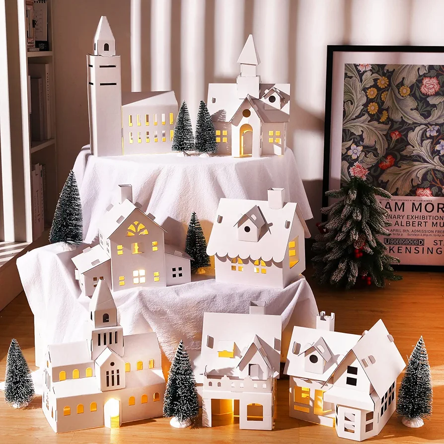 21 Pcs DIY Christmas Village Sets 7 White 13 Inch Unassembled Cardboard Christmas House with 7 LED Candle 7 Xmas Tree for Kids Adult Arts Crafts Collection Indoor Room Table Decor Architecture Gift