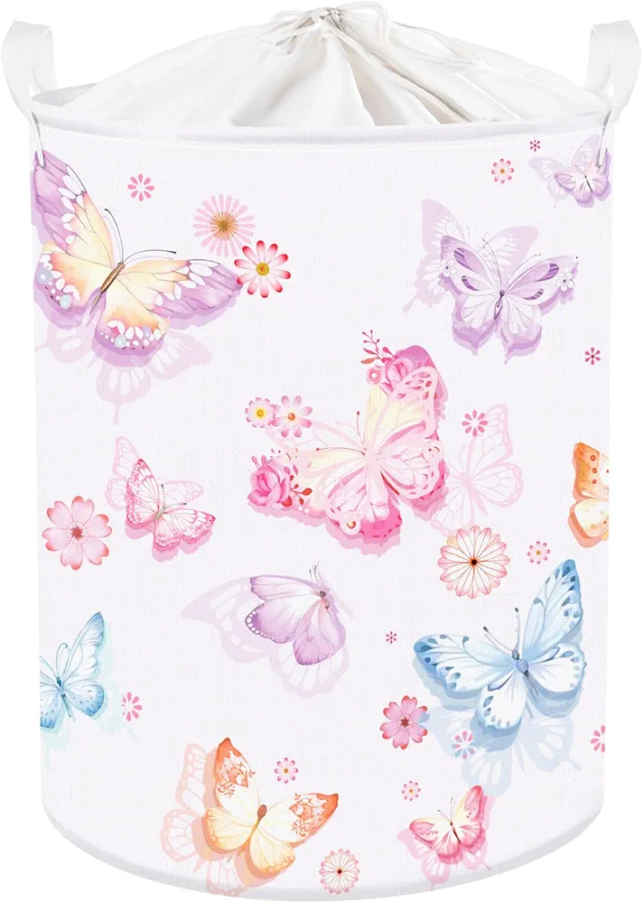 Clastyle 45L Large Purple Pretty Butterfly Kid Girl Laundry Hamper with Handle Collapsible Pink Flowers Clothes Toy Storage Basket with Lid for Nursery