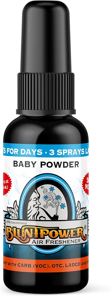 BluntPower (Baby Powder Vanilla, 1 Pack) Concentrated Air Freshener for Room and Car Spray - Oil-Based Diffuser Spray Bottle - Long-Lasting Bathroom Spray, Car Freshener, & Odor Eliminator Spray