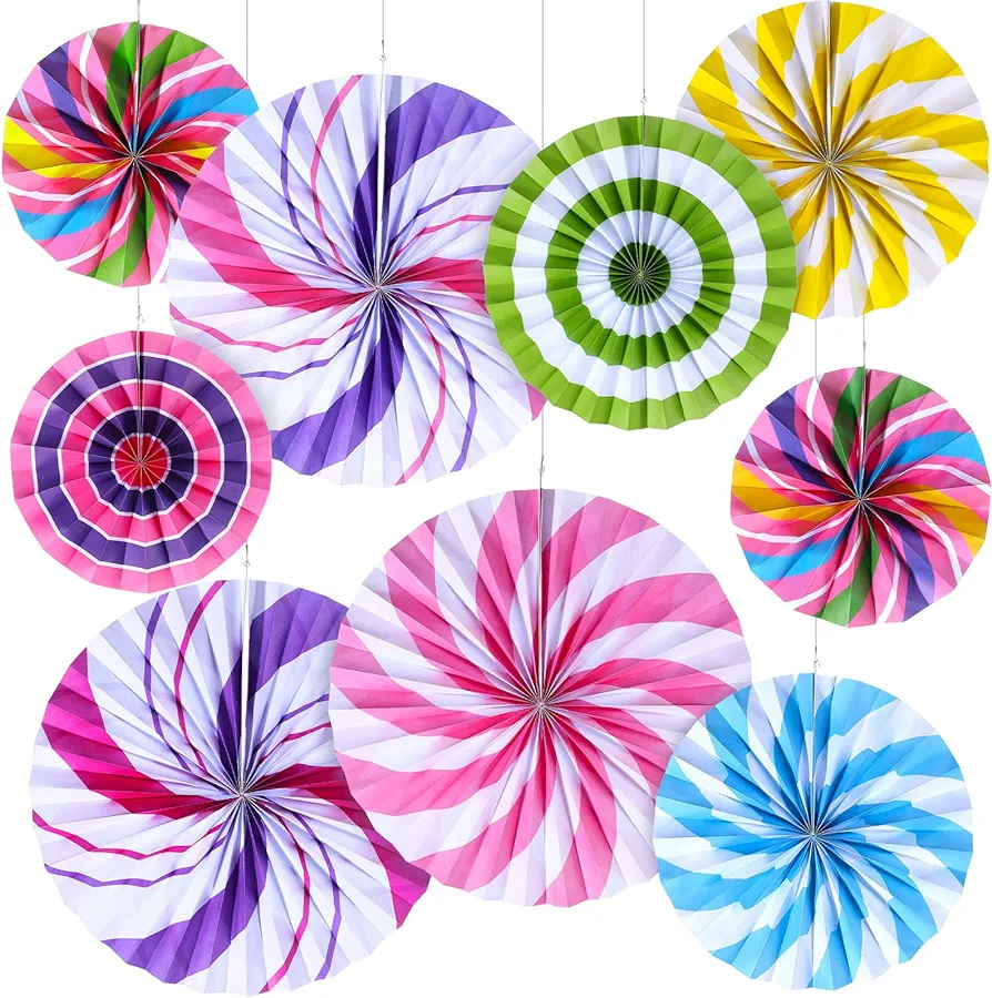 Outus 9 Pcs Candyland Hanging Paper Fans Decorations Candy Party Classroom Decoration Colorful Peppermint Candy Paper Fan Ceiling Wall Garland for Candyland Themed Birthday Halloween Party Supplies