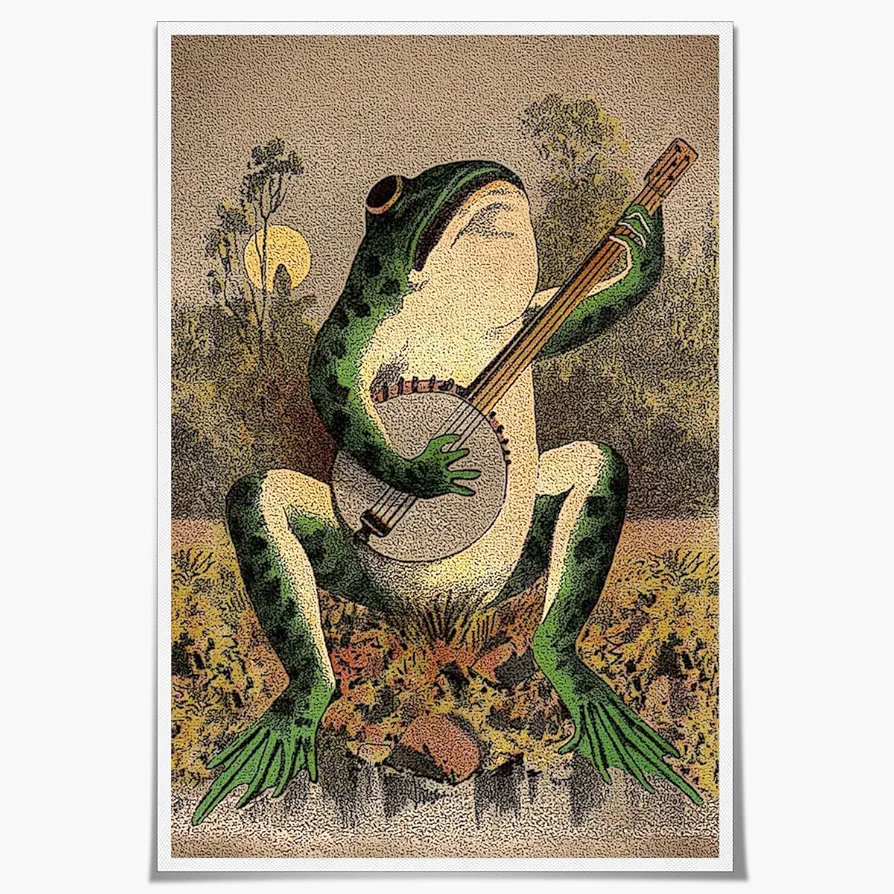 CCMXMKO Retro Frog Comics Canvas Wall Art Funny Boho Aesthetic Room Decor Posters Vintage Playing Banjo Frog Poster Prints Wall Decor Picture Living Room Bedroom Dorm 16x24in Unframed