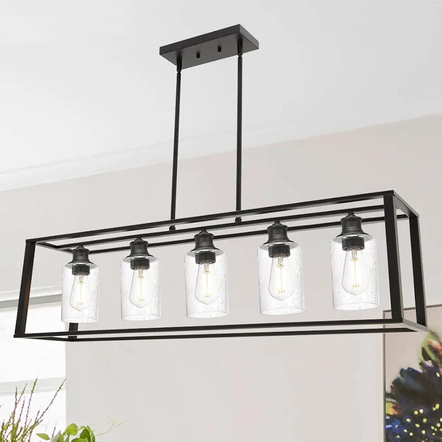 5-Lights Kitchen Island Lighting, Modern Linear Chandelier with Seeded Glass, Black Industrial Dining Room Light Fixtures over Table Farmhouse Ceiling Pendant Lights