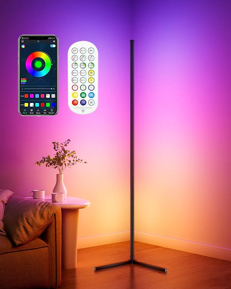 Corner Floor Lamp, 65" Smart RGB Color Changing LED Floor Lamp with APP and Remote Control, Modern Mood Lighting Corner Lamp with Music Sync, DIY Mode & Timing for Living Room Gaming Room