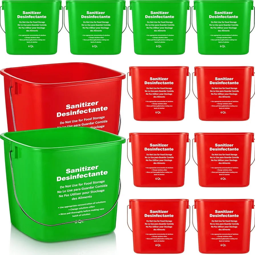 12 Pcs Commercial Cleaning Bucket 6 Quart Cleaning Pail Kitchen Sanitizer Bucket with Handle Household Sanitation Bucket Detergent Plastic Pail for Classroom Home Use (Red, Green)