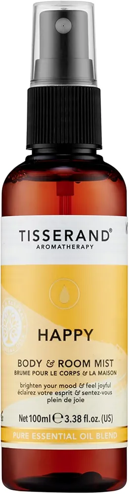 Tisserand Body and Room Mist - Home Fragrance with Lemon Tea Tree, Bergamot, Nutmeg, and Petitgrain Essential Oils - Vegan - Happy - 3.38 oz