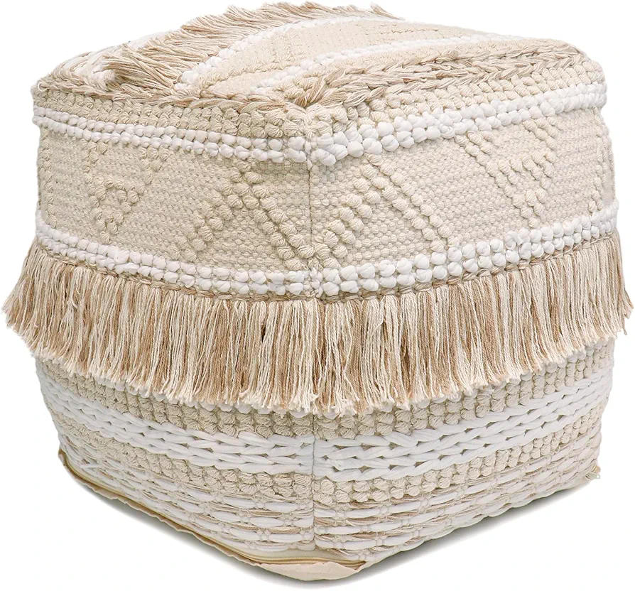 Pasargad Home Grandcanyon Cotton Pattern Braided Pouf, 100% Cotton Pouf, Hand Woven- Polly Beads Stuffed Pouf- Sitting, Foot Stool- Square Poufs for Living Room- Luxury Room Decor, 17"x17"x17", Beige