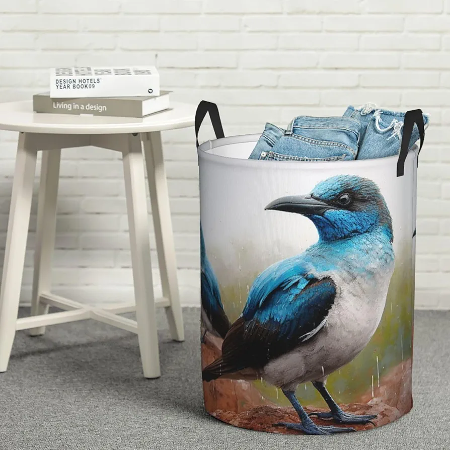 Laundry Basket Waterproof Laundry Hamper With Handles Dirty Clothes Organizer Blue Bird Print Protable Foldable Storage Bin Bag For Living Room Bedroom Playroom, Small, Black