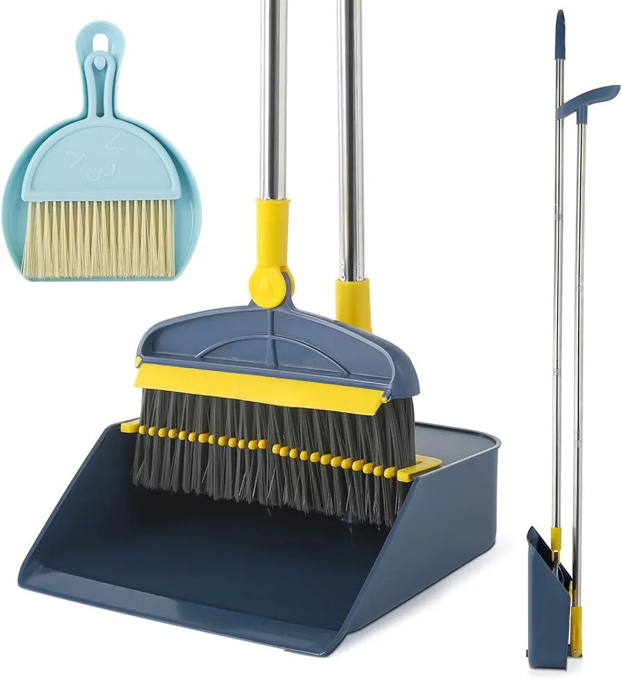 Broom with Dustpan Combo Set, 2 in 1 Broom and Dustpan Set with Long Handle, Upright 180° Rotating Broom with Brush and Lightwight Dust Pans for Home Kitchen Room Office Lobby Floor Cleaning, Blue