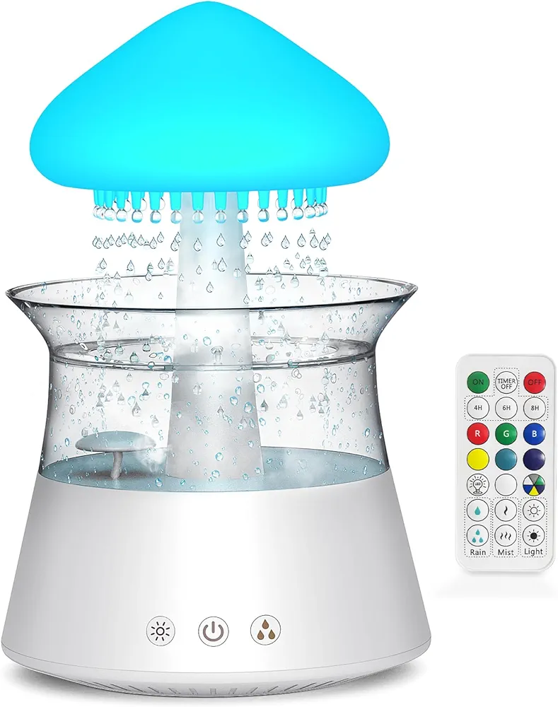 Diffuserlove Rain Cloud Humidifier Diffuser Water Drip Humidifier with Remote Waterfall Lamp Mushroom Humidifier Rain Sounds White Noise Humidifier Air Humidifiers for Bedroom Desk…