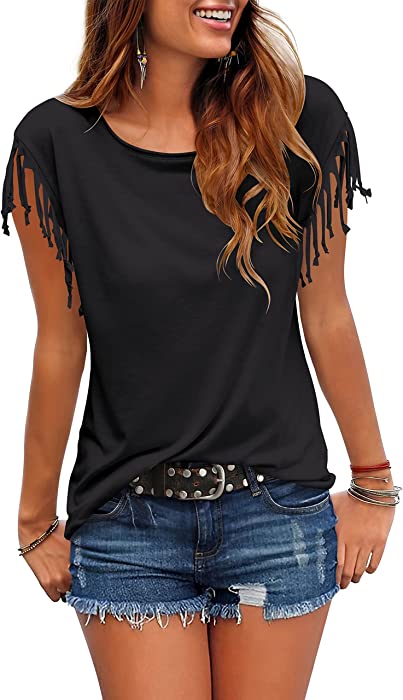 Cosonsen Women's Tassel Short Sleeve Round Neck T-Shirt Top Casual Summer Tee