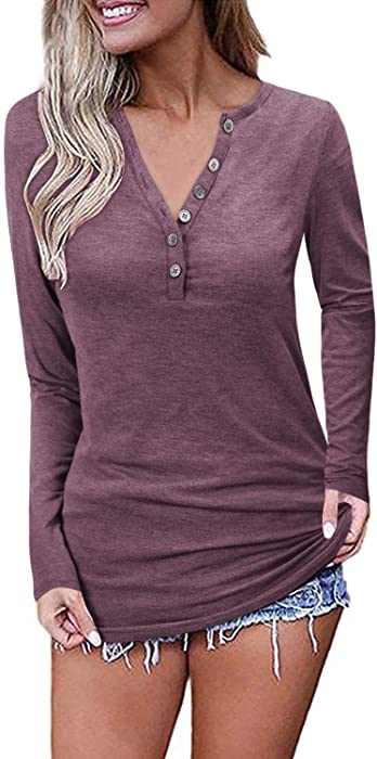 OUGES Womens Long Sleeve V-Neck Button Casual Tops Blouse T Shirt