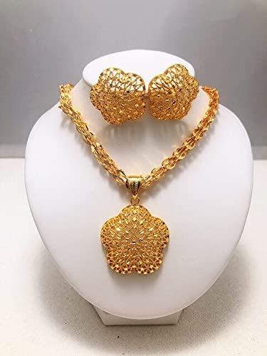 Dubai Jewelry Sets for Women Gold Color Ethiopian Pendant Necklaces Earrings Middle Eastern Arab African Wedding Jewelery