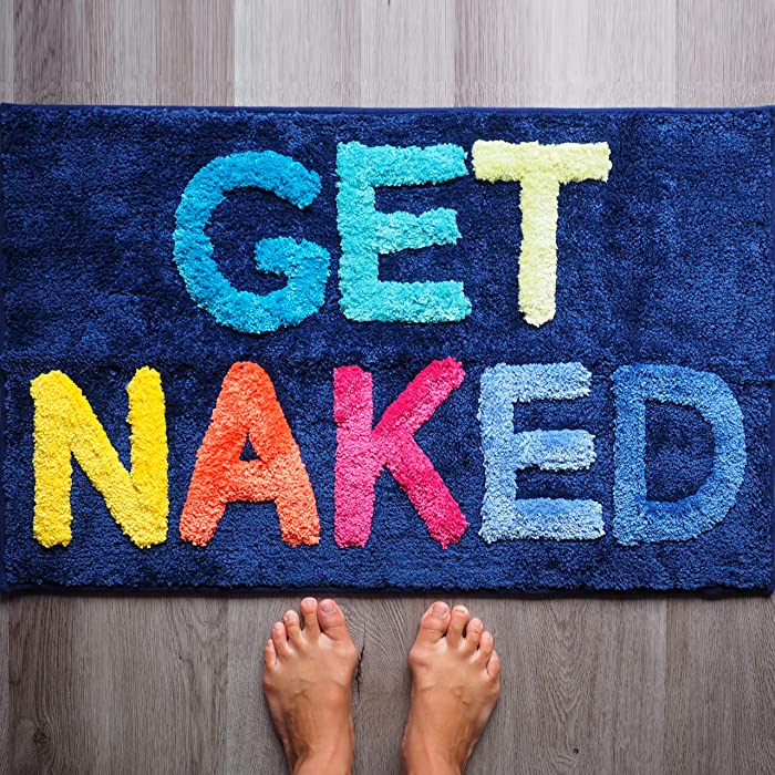 Get Naked Bath Mat Funny Cute Bathroom Rugs Blue Rainbow Multicolor Colorful Get Naked Rug Shower Funny Bathroom Decor Fun Cute Bath Mat Non-Slip Washable (Rainbow Blue)