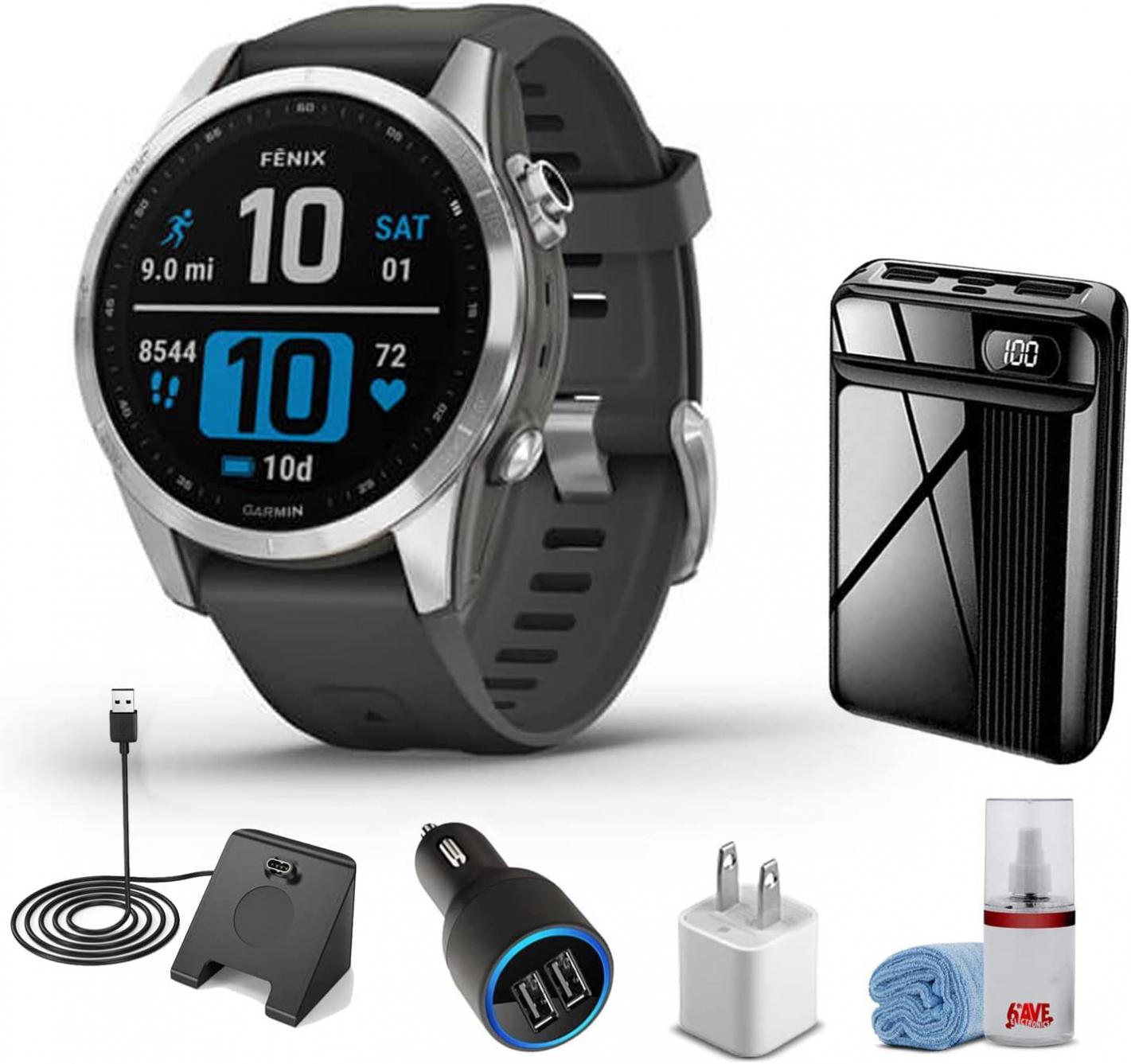 Garmin Fenix 7S Standard Edition Smart Watch Silver with Graphite Band (42mm) + Watch Charging Stand + USB Car/Wall Adapter + 6Ave Cleaning Kit (Bundle) (010-02539-00)