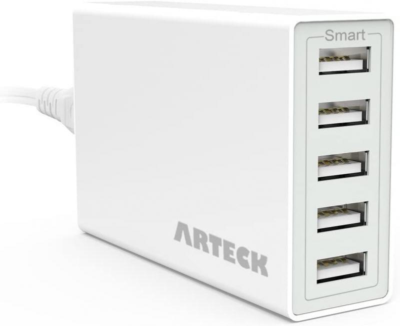 Arteck 40W 5-Port 8A High Speed Multiple USB Charger with Smart Technology for iPhone 14, 14 Pro, 14 Pro Max, iPhone 13, iPhone 12, iPhone 11, iPhone Mini, iPad, Samsung and Other Smartphone, Tablet