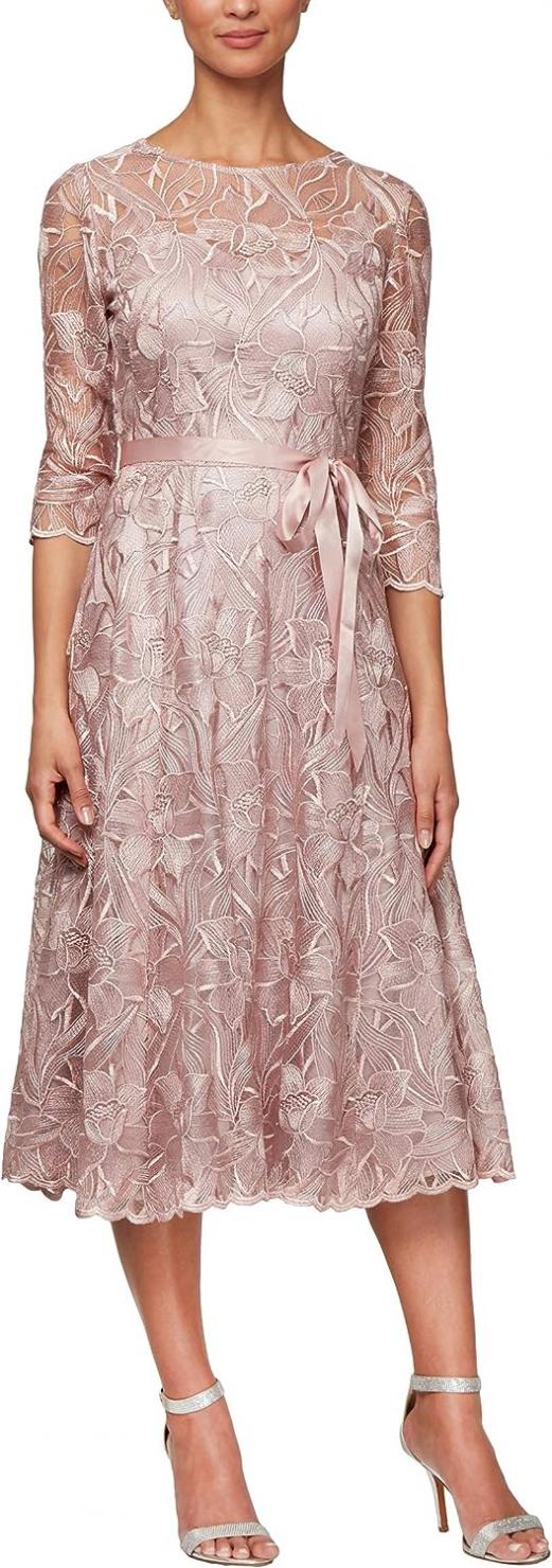 Alex Evenings Women's Tea Length Embroidered Dress Illusion Sleeves (Petite Missy)