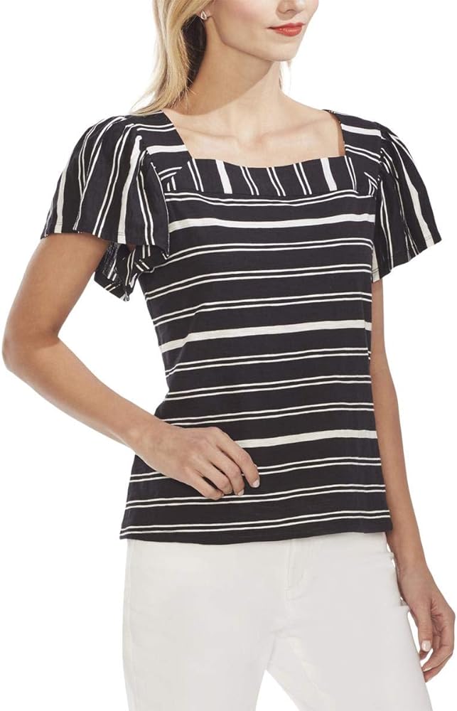 Vince Camuto Womens Cotton Slub Peasant Top Black-Ivory