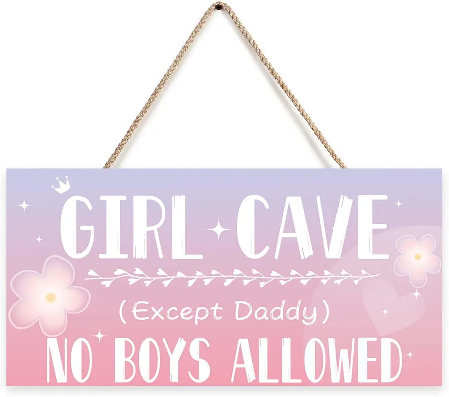 Girl Cave Sign, 12"x6" Cute and Funny Girl Cave Hanging Wooden Door Sign Wall Decor, Kids Room Signs for Door, No Boys Allowed Sign, Room Decor for Teen Girls (Purple)