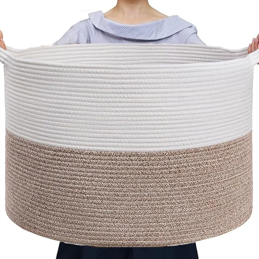 Cotton Rope Laundry Basket,Large Basket,Woven Baskets for Storage, Wicker Baskets Hamper with Handle for Blanket,Living Room,Nursery,Decorative Farmhouse Clothes Storage (brownwhite, 22x13inch)