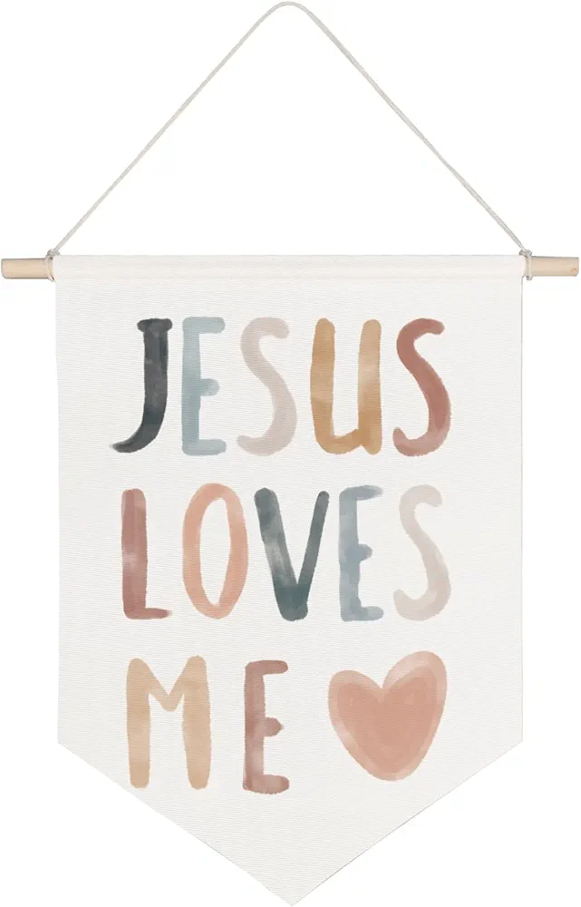 QODUNG Kids Room Wall Decor, Jesus Loves Me Canvas Banner, Bible Verses Inspirational Canvas Hanging Pennant Flag Banner for Nursery Baby Kids Toddler Bedroom