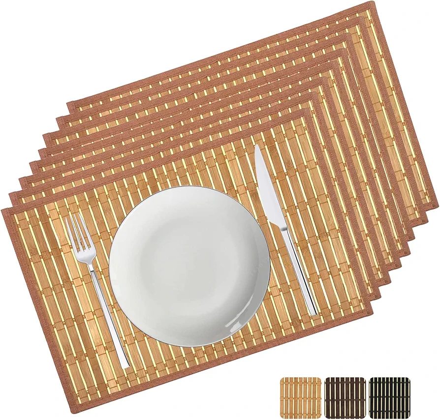 ANDSTAR Set of 8 Pcs Bamboo Placemats with Fabric Border Japanese Style Natural Anti-Slip Bamboo Placemats Washable Heat-Resistant Table Mats for Dining Room and Kitchen（Coffee）