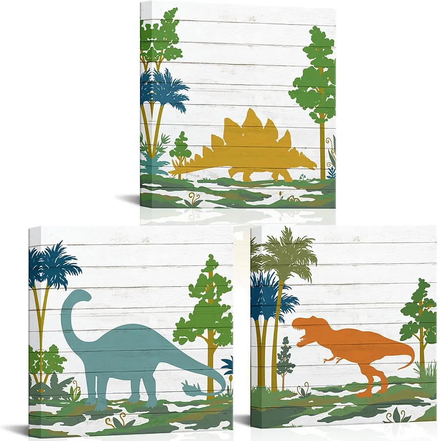 Apicoture Dinosaur Kids Room Wall Art - Vibrant Kids Room Wall Decor Perfect For Nursery Boys Room Walls Fanny Canvas Wall Framed 12"x 12"x 3 Panels