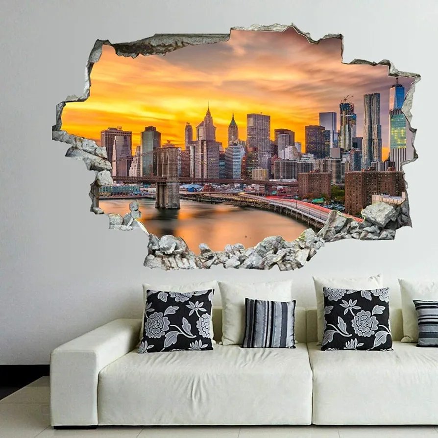 3D Broken Wall Stickers Stickers New York, USA Lower Skyline 36 x 24 Inch Removable Wall Decal, Peel and Stick Landscape Wall Decor for Bedroom Living Room, Mural Art for Kids Boys Girls Gift