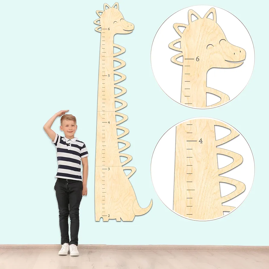 Wooden Growth Chart for Kids, Boys & Girls, Cute Dinosaur Decor for Kid Room, Height Growth Chart for Wall, Measuring Chart Ruler, Boy Bedroom, Playroom, Nursery Decor, Wall Decoration