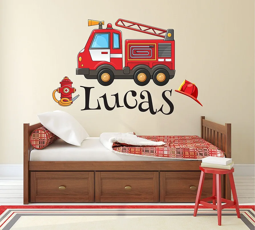 Fire Truck Wall Decal - Custom Name Wall Decals for Boys Room - Nursery Kids Bedroom Wall Decor - Firetruck Decor Decals - Fireman Firefighter Wall Art Sticker Toodler Bedroom Decor