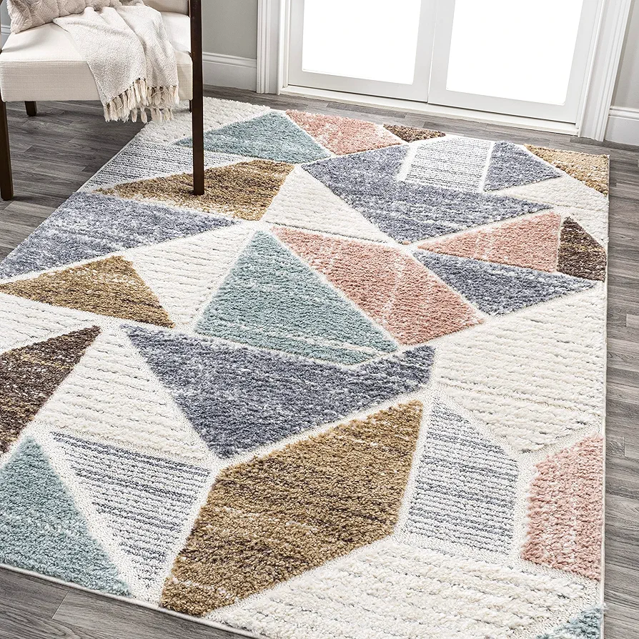 JONATHAN Y SNT107A-4 Aileen Geometric Scandi Colorblock Carved Indoor Area -rug, Modern, Contemporary, Coastal Easy -cleaning,Bedroom,Kitchen,Living Room,Non Shedding, Multi, 4 X 6