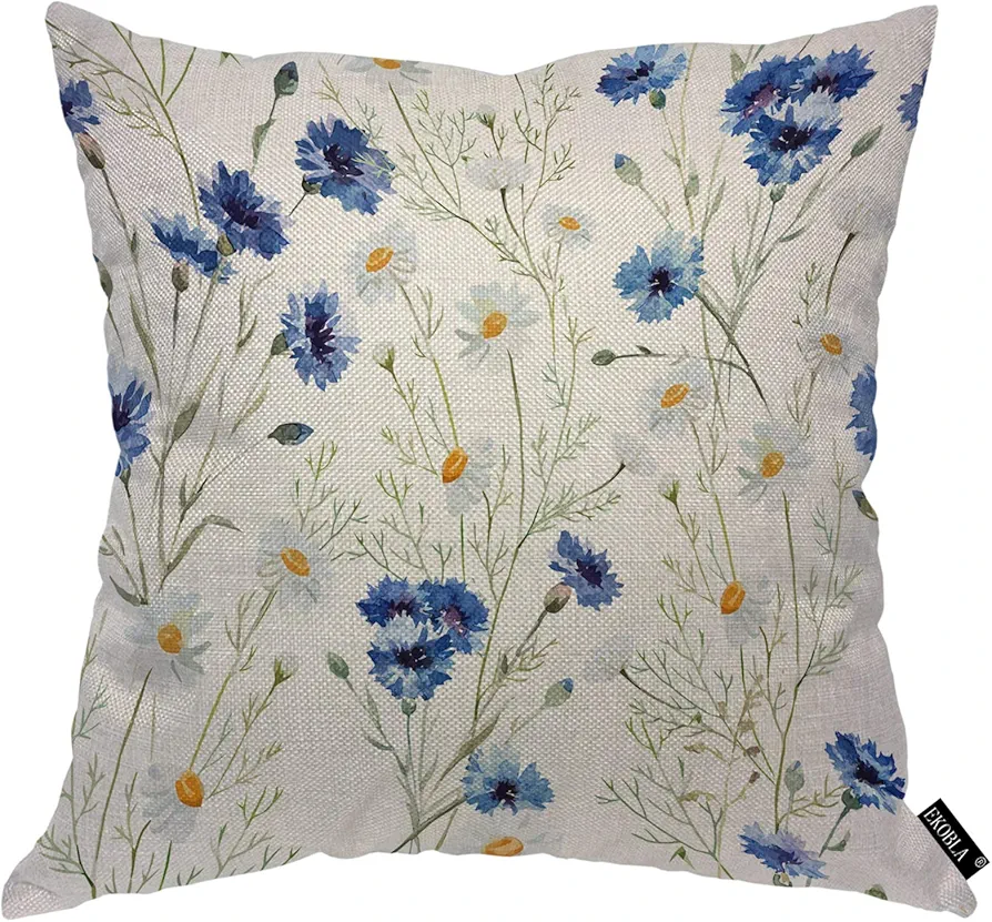 EKOBLA Watercolor Flowers Throw Pillow Cover Blue Cornflower White Daisy Vintage Spring Blossom Cozy Square Cushion Case for Men Women Boys Girls Room Home Decor Cotton Linen 18x18 Inch