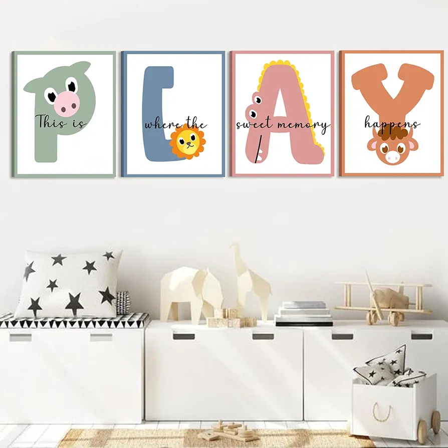 Kids Playroom Wall Art Playroom Wall Decor, Framed Canvas Prints Play Sign for Playroom Wall, Toddler Play Room Wall Decor Let's Play Sign (6 Set,8x10 Inch,FRAMED)