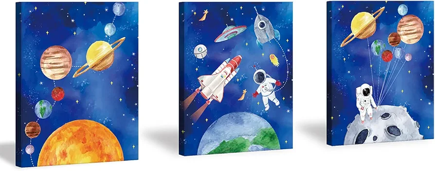 CHDITB Framed Outer Space Art Prints Cartoon Watercolor Planet Wall Art Set of 3 Pieces (11.8x15.6inch), Universe Theme Canvas Painting, Spaceship, Astronaut For Kids Room Nursery Decor-Ready to Hang