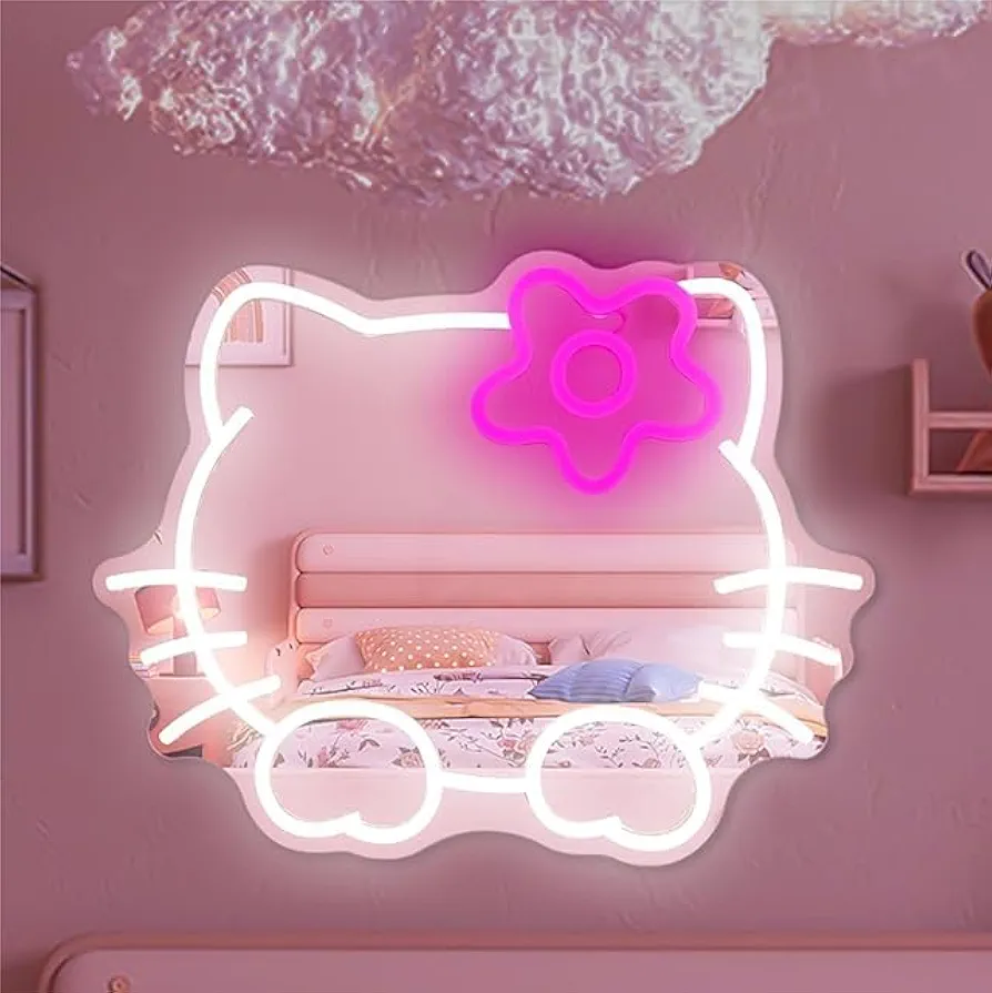 Anime Hello Kit Mirror Neon sign Dimmable Led Neon Mirror Sign for Dresser indoor Room Decor Cat Wall Mirror Neon Light Up Mirror Bedroom Wall Kid Girl Gifts