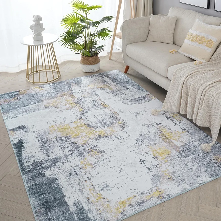 Modern Abstract Washable 5x7 Living Room Rug, Gold and Grey Bedroom Mat Soft Non-Slip Low Pile Contemporary Front Entrance Carpet for Hardwood Floor Decor